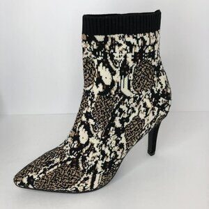 Mia Mckinley Sock Bootie Women 7.5M Pointy Toe Heeled Black Tan Printed